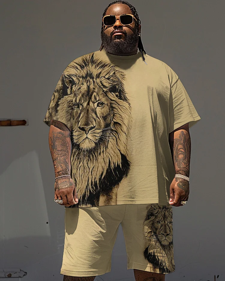 Men's Plus Size 3D Print Lion T-Shirt Shorts Suit