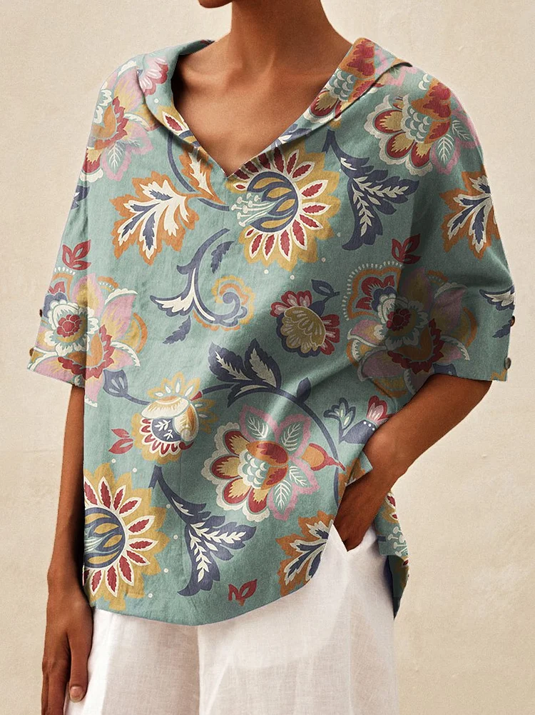 Women's  Floral Art Print Casual Linen V-neck Shirt