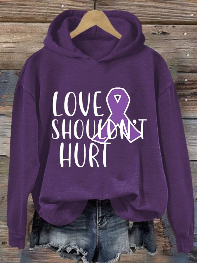 Retro Domestic Violence Awareness Purple Ribbon Love Shouldn't Hurt Print Hoodie