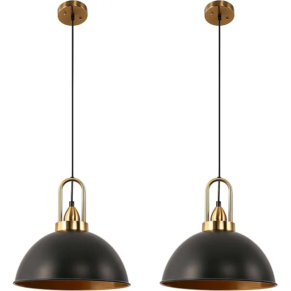 12-Inch Black and Gold Farmhouse Pendant Light 2 Pack, Adjustable Height, Vintage Hanging Industrial Ceiling Lights Fixture for Kitchen Island, Hallway, Dining Room, Bedroom Black and Gold 12-Inch