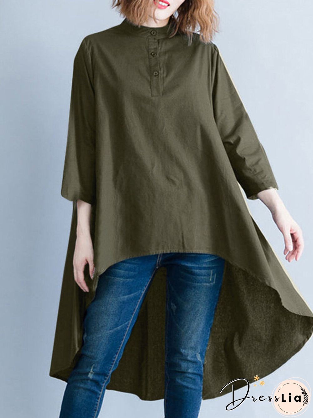 Solid Irregular Hem Button Stand Collar Blouse