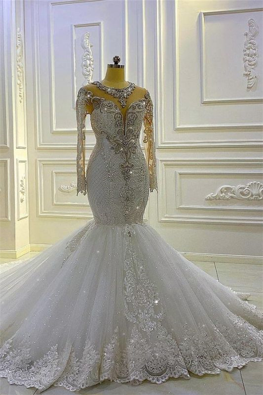 New Arrival Long Sleeves Mermaid Wedding Dress Beadings With Appliques - lulusllly