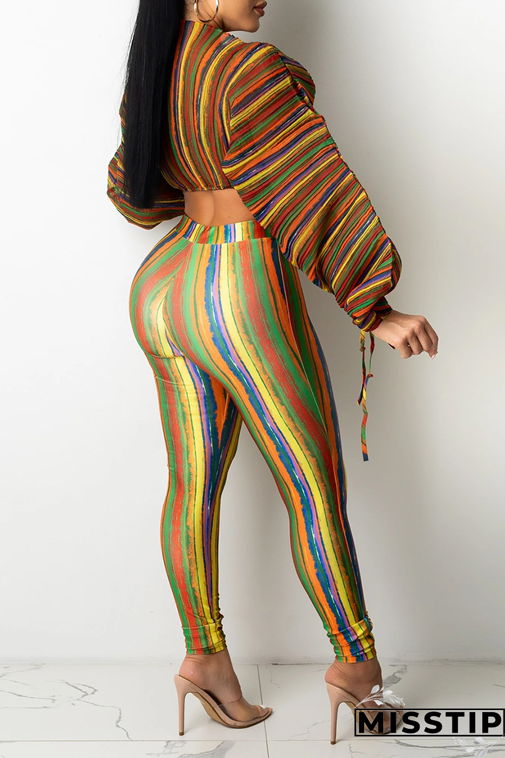Lake Blue Sexy Striped Patchwork Half A Turtleneck Long Sleeve Two Pieces