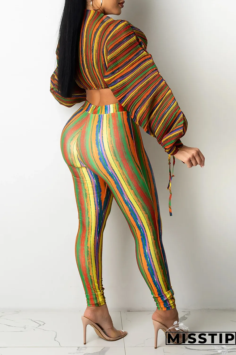 Lake Blue Sexy Striped Patchwork Half A Turtleneck Long Sleeve Two Pieces