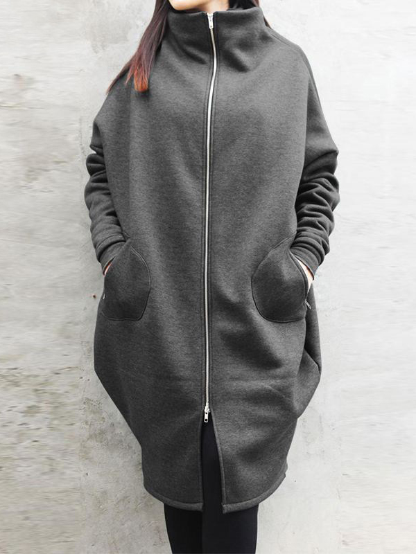 Loose Solid Color Pocket Zipper Outwear