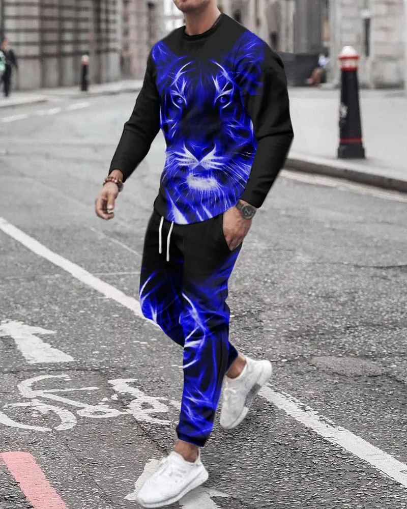 Men's Fashion Fluorescent Blue Printing Long-sleeved Suit