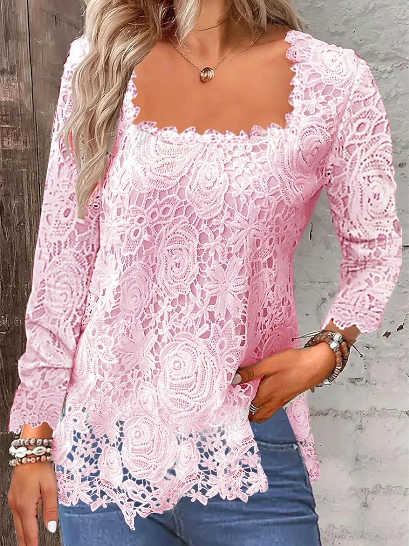 Women Long Sleeve Square Collar Solid Color Lace Tops