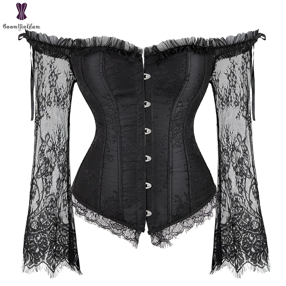Long Floral Sleeves Women's Sexy Gothic Victorian Corset Vintage Lace Up Bustier Off Shoulder Corsets Overbust Top