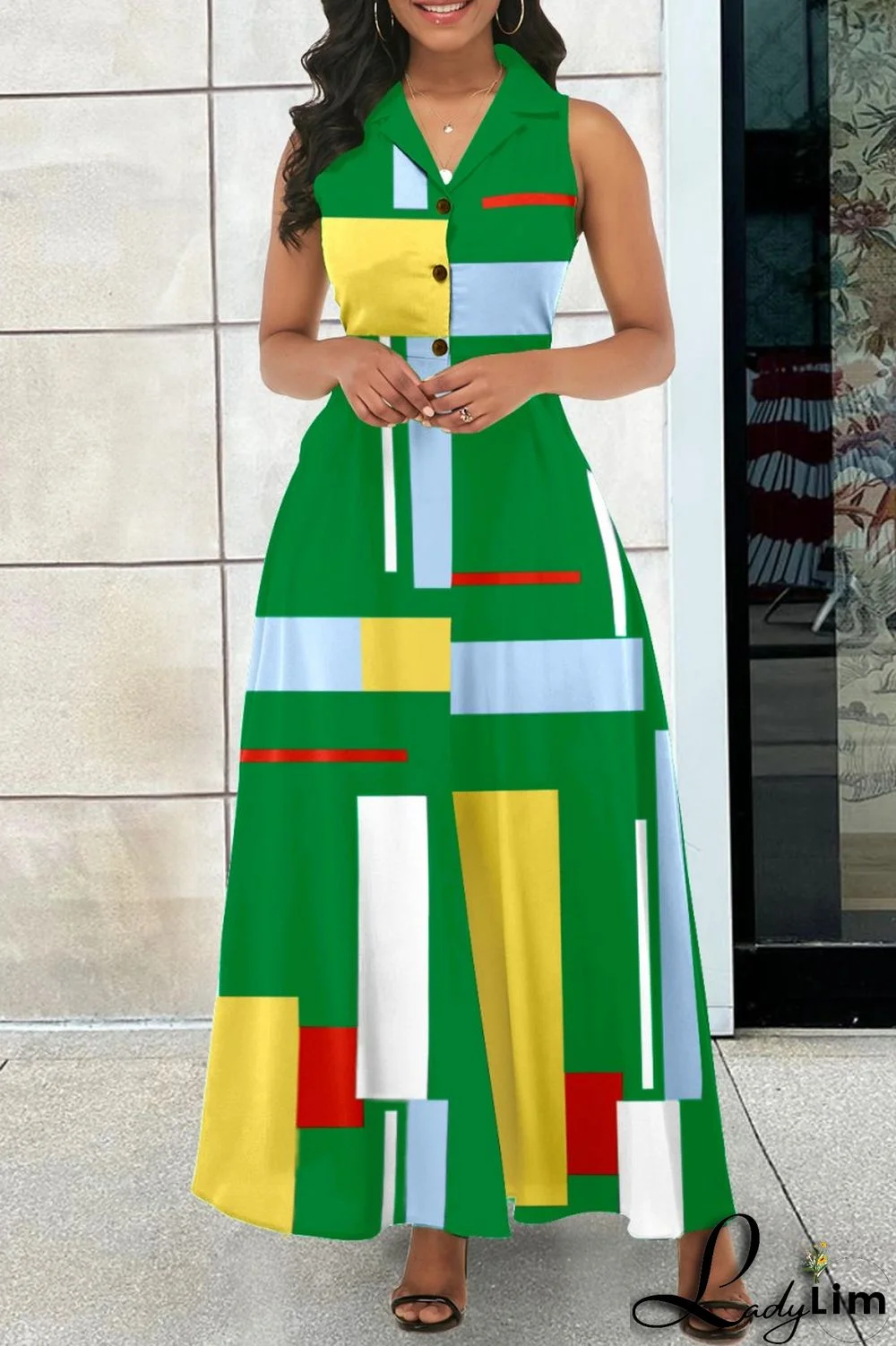 Green Casual Print Patchwork Turndown Collar Long Dress Dresses