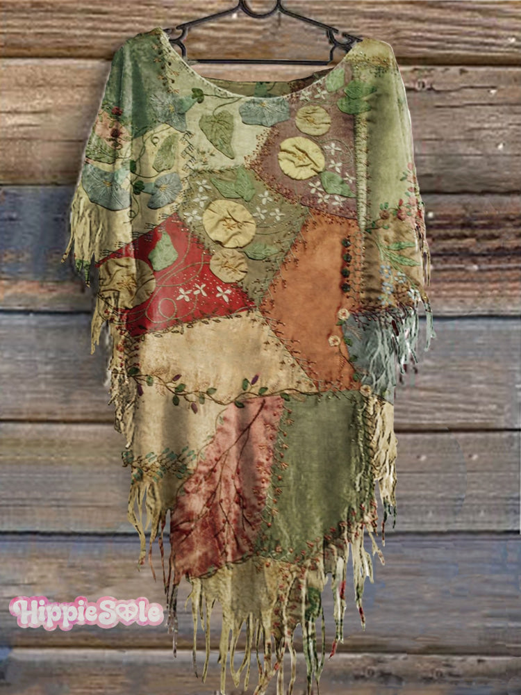 Women’s Vintage Patchwork Print Punk Hippie Batwing Tussle Fringes Poncho Dress Multicolor / S