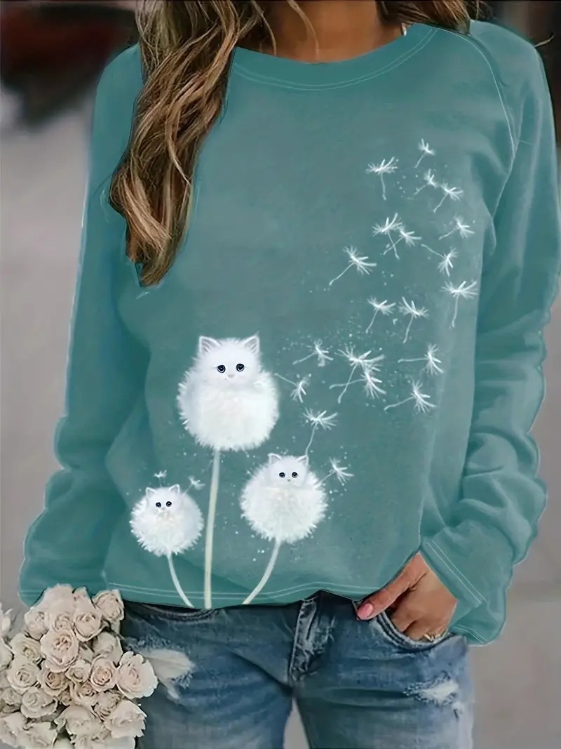 Mature Women New Long Sleeve 3D Printed Crew Neck Sweatshirt