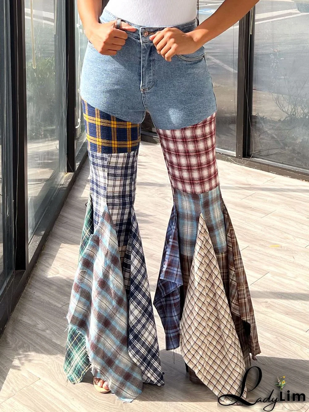 Fashion Plaid Patchwork Denim High Waisted Flared Pants