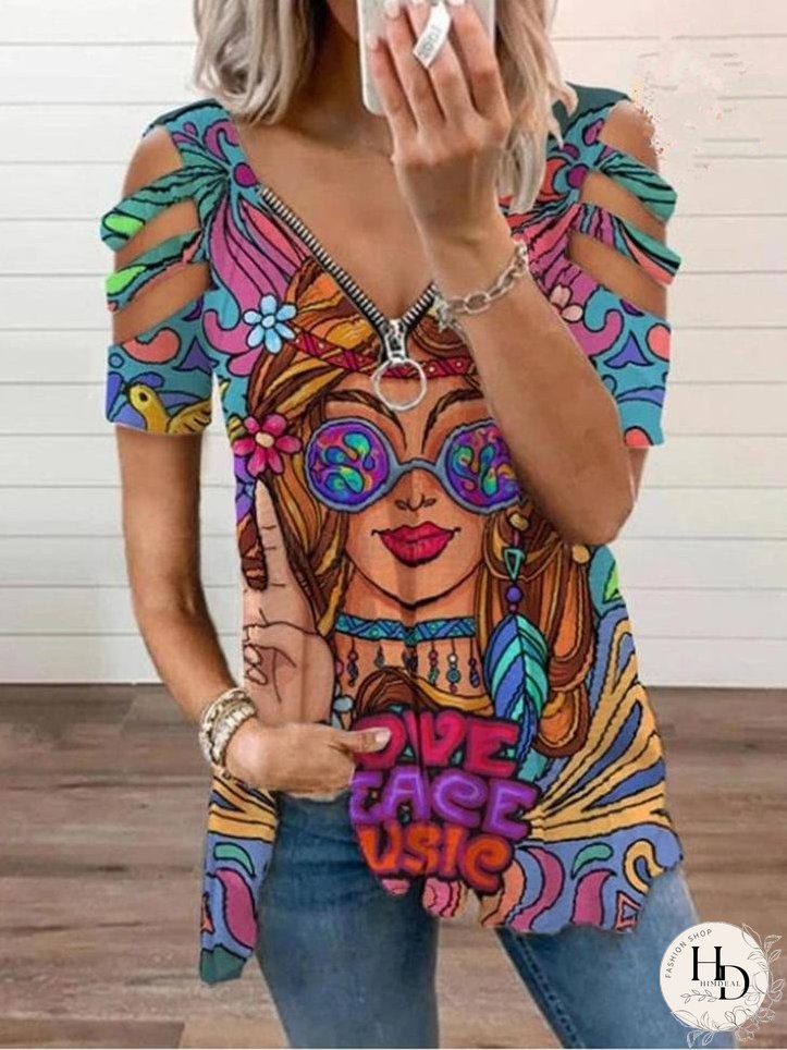 Beauty Image V-Neck Zipper Cutout Short Sleeve T-Shirt