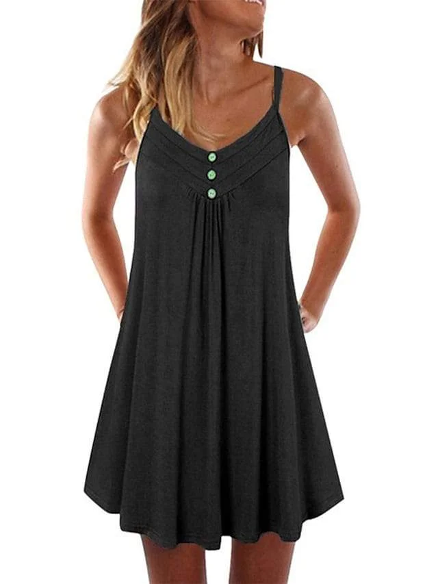 Women's Strap Dress Knee Length Dress Black Purple Red Wine Army Green Dusty Blue Royal Blue Light Green Sleeveless Solid Color Patchwork Button Summer V Neck Casual Sexy