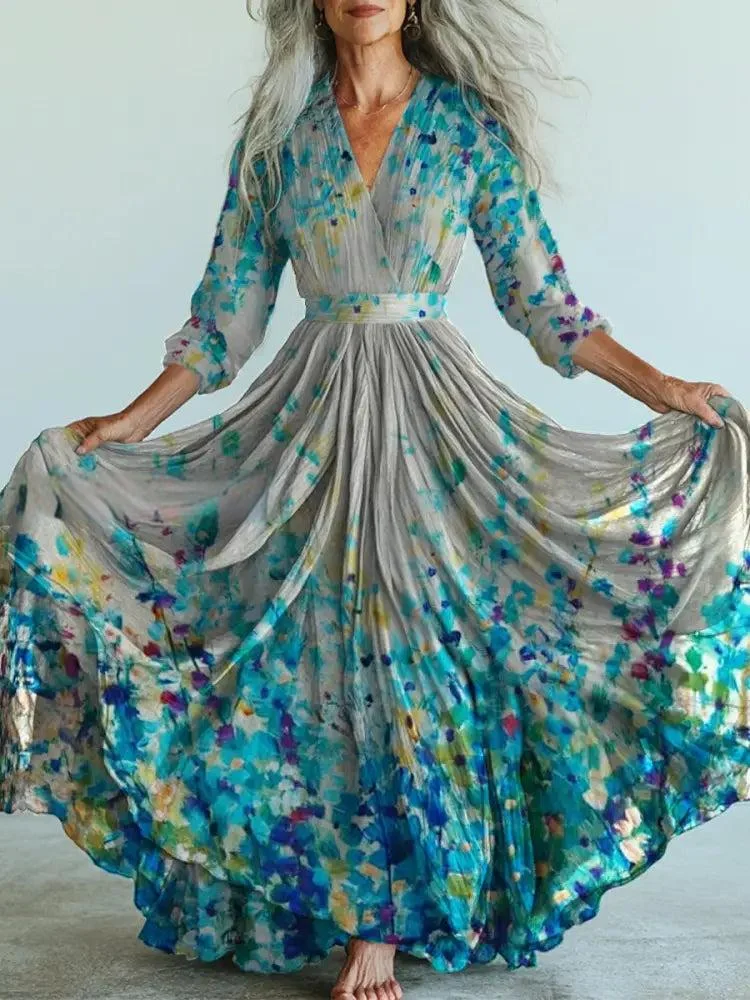 Retro Floral Art Printed Vintage V-Neck Long Sleeves Midi Dress