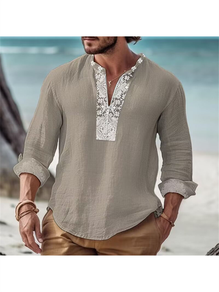 Men's Solid Color Cotton Linen Street Loose Printed Casual Wristband Pockets Casual Long Sleeve V-neck Pullover Shirt