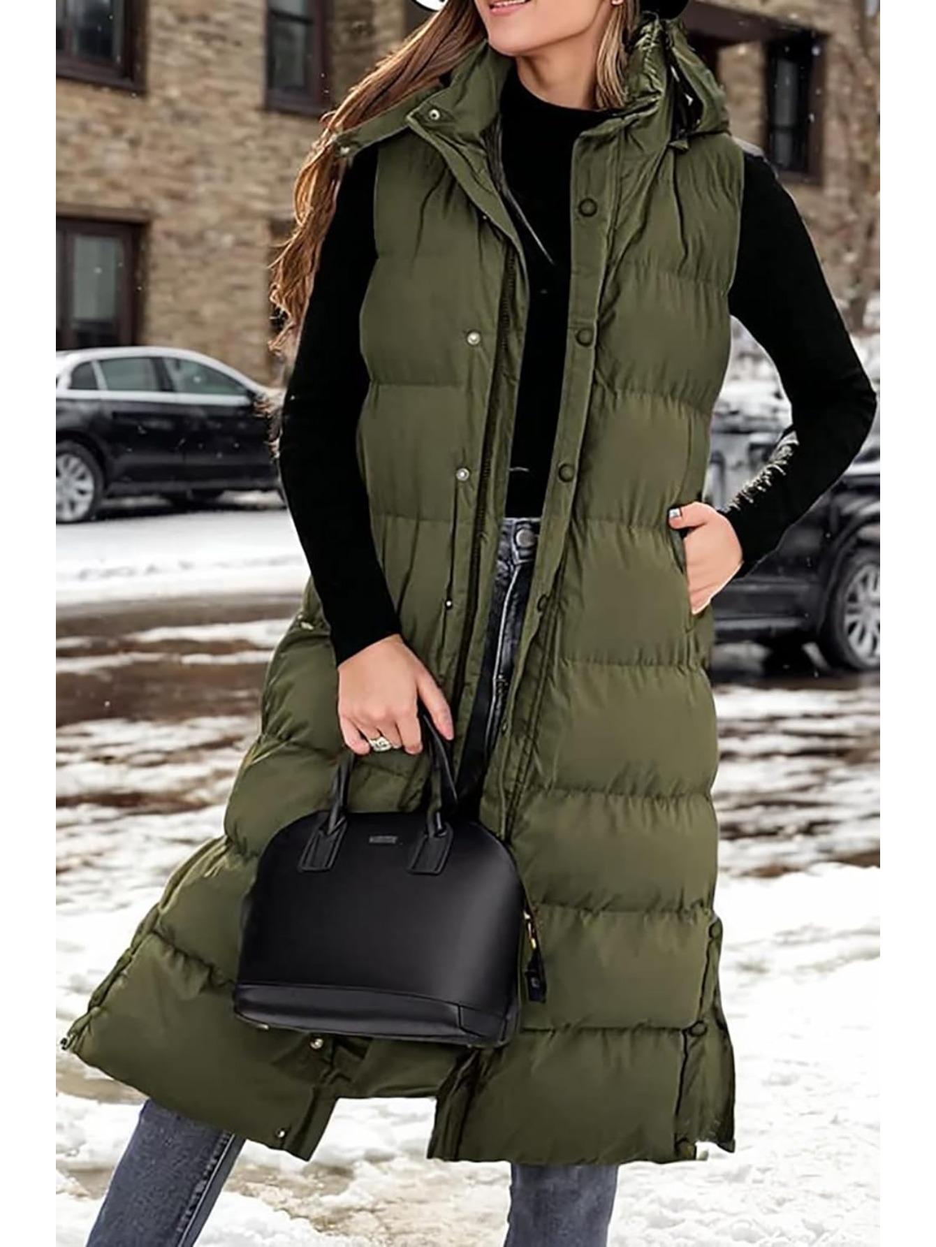 Women's White Puffer Jacket Hooded Full-Zip Long Coat with Pockets - Winter Warm Outerwear, Sleeveless Button-Front Vest-like Design, Machine Washable All-Season White Coat for Airplane Travel & Casual Wear