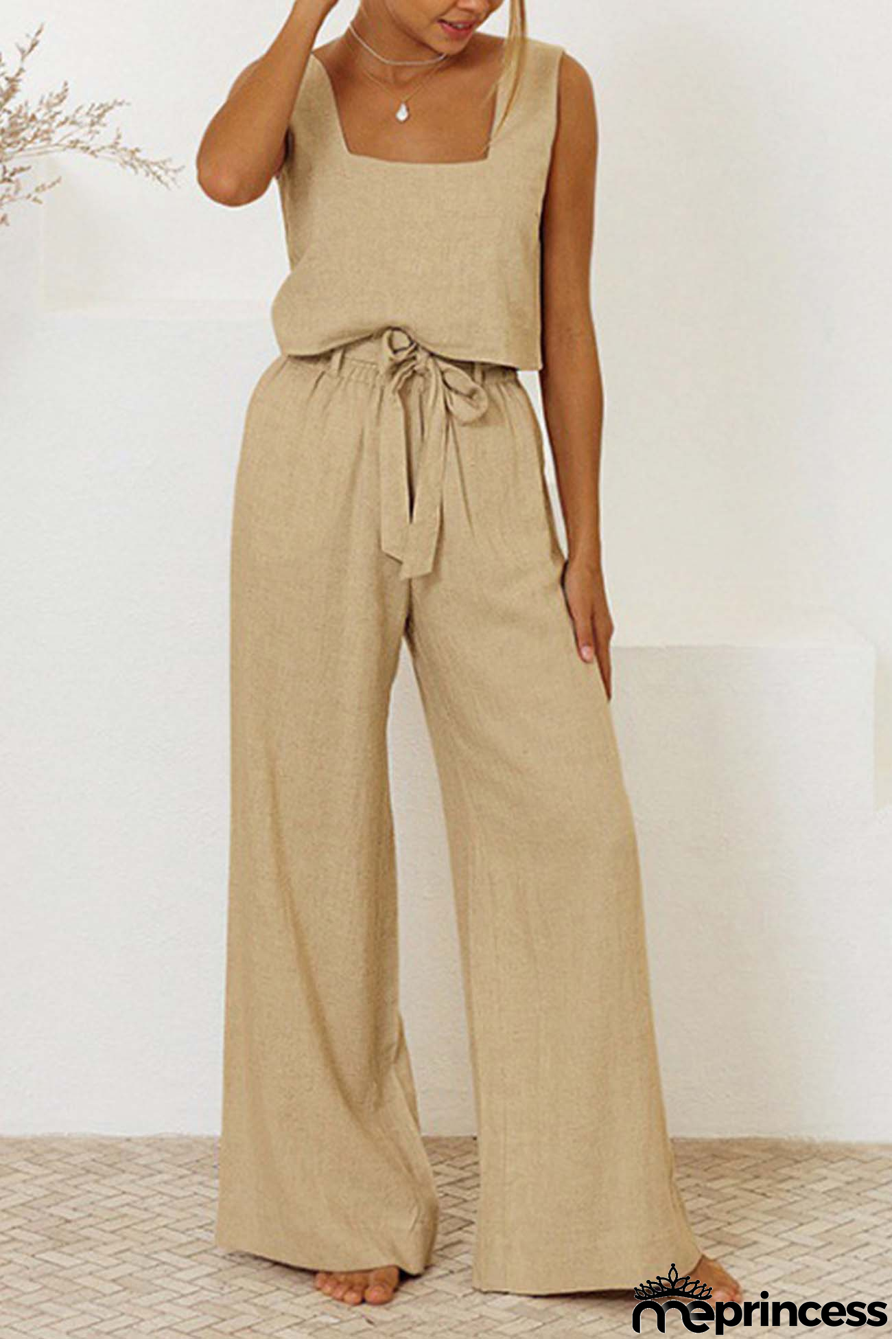 Cotton Waist-Tie Square Neck Pants Set