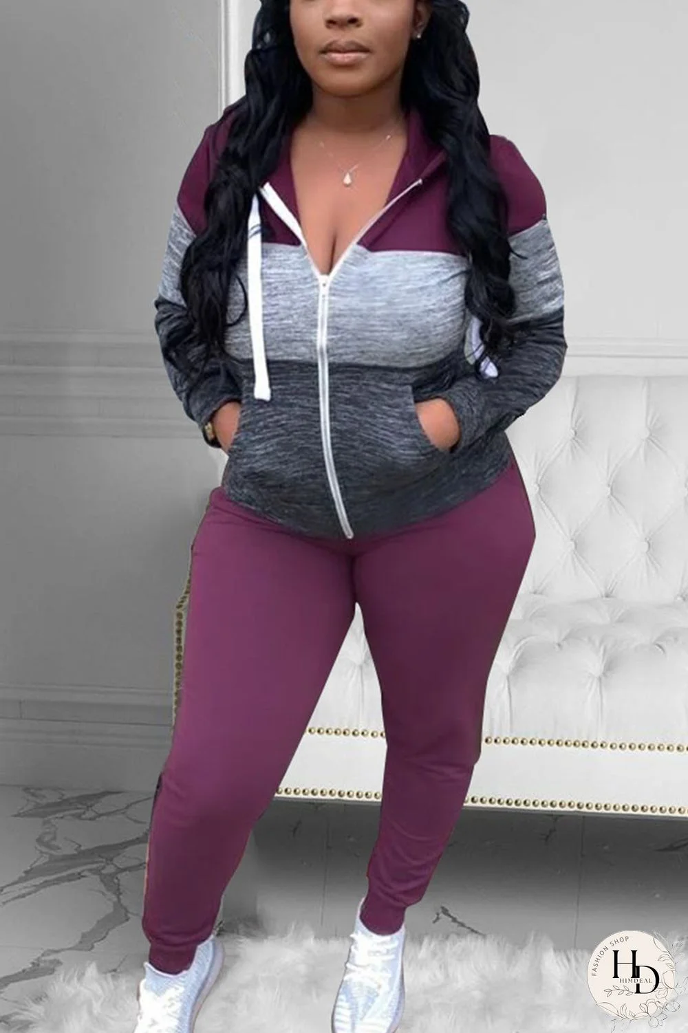 Pink Street Print Patchwork Hooded Collar Long Sleeve Two Pieces