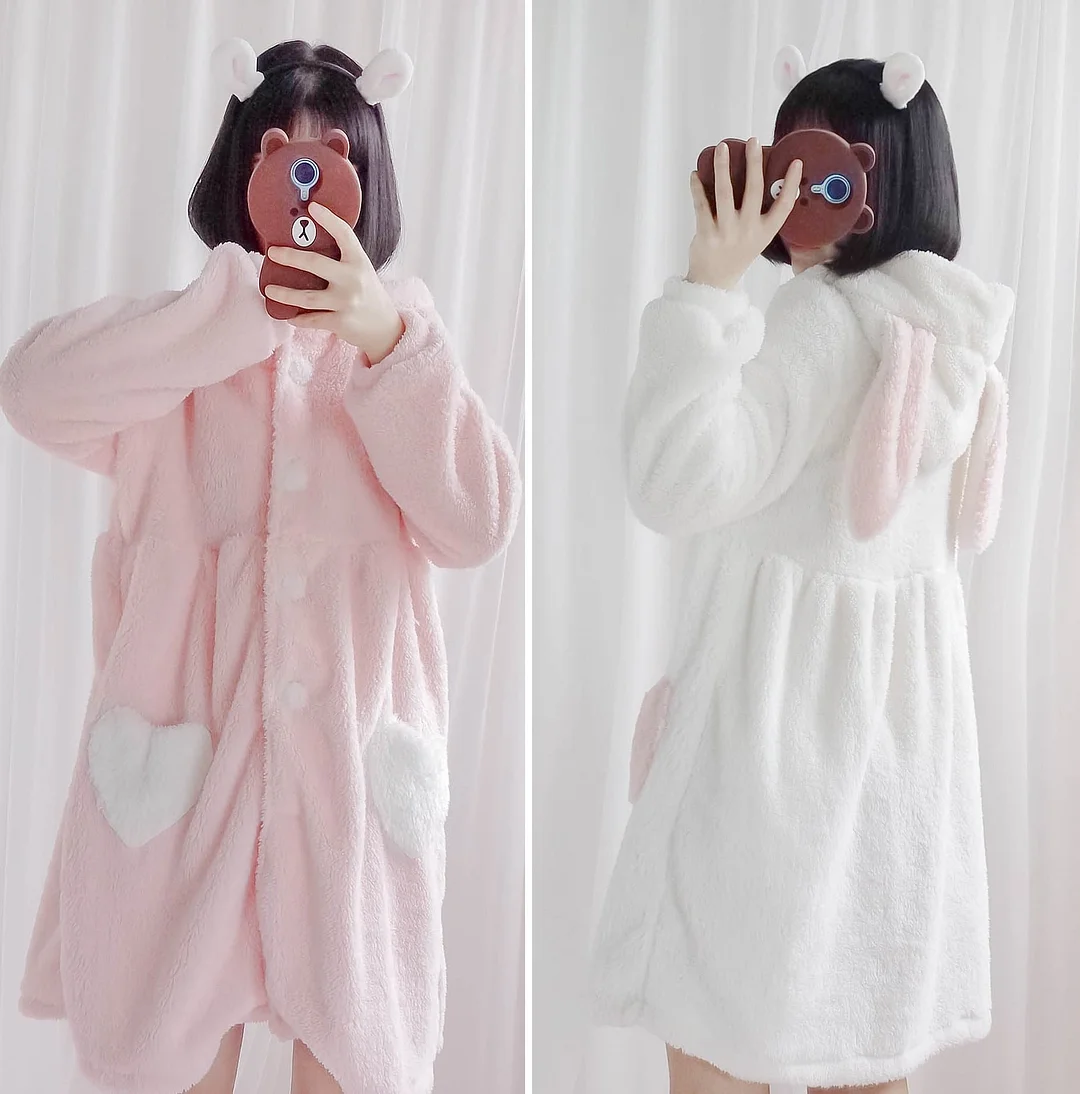 White/Pink Bunny Heart Plush Homewear Dress S13081