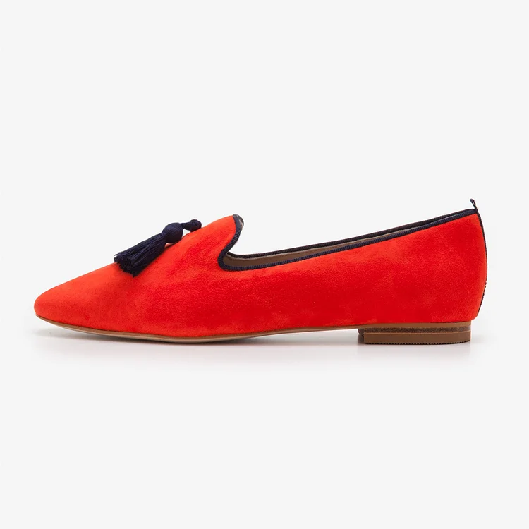 Coral Red Suede Loafers for Women Pointy Toe Flats with Tassels |FSJ Shoes