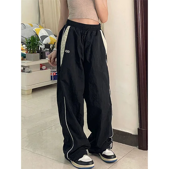 Thepearlpad Women Casual Wide Leg Cargo Pants Drawstring Solid Streetwear Elastic Waist Sweatpants Loose Y2K Joggers Hip Hop Baggy Trousers