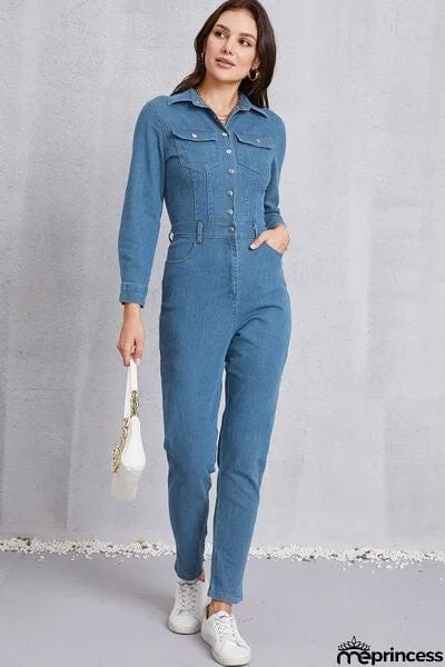 Snap Down Denim Jumpsuit with Pockets