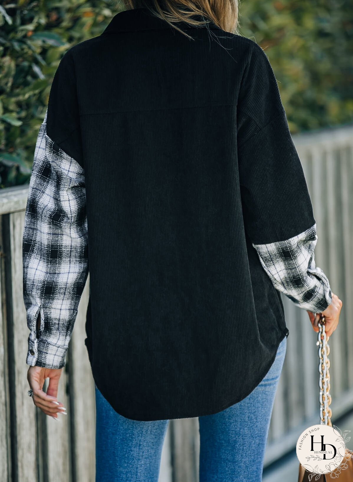Double Take Plaid Color Block Dropped Shoulder Corduroy Shacket
