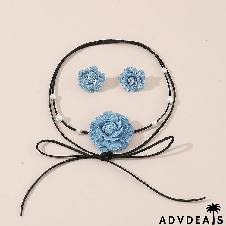 Wholesale Women Fashion Denim Camellia Flower Beaded Ties Necklace Earrings Two Piece Set