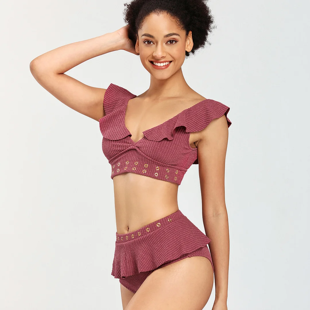 Puff sleeves V-neck swimsuit two-piece
