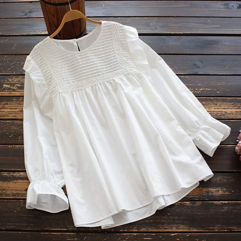ZANZEA Casual Blouse Women Vintage Long Sleeve Ruffles Tops Spring Pleated Shirt Female Loose Solid Blusa Tunic Chemise Oversize