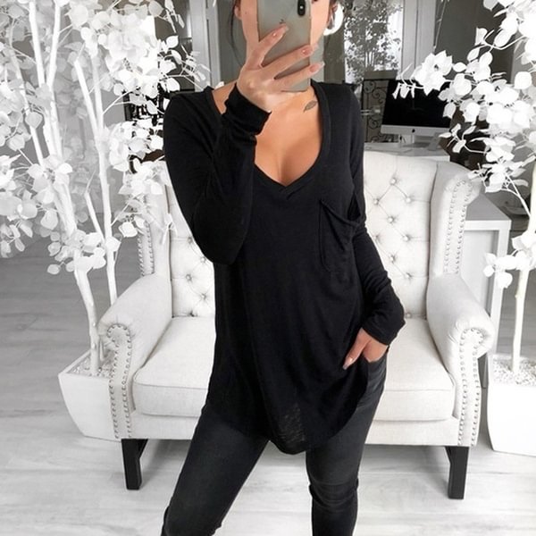 Spring and Autumn Sexy V-neck Loose Pocket T-shirt, loose Long Sleeve Bottom T-shirt - Shop Trendy Women's Fashion | TeeYours