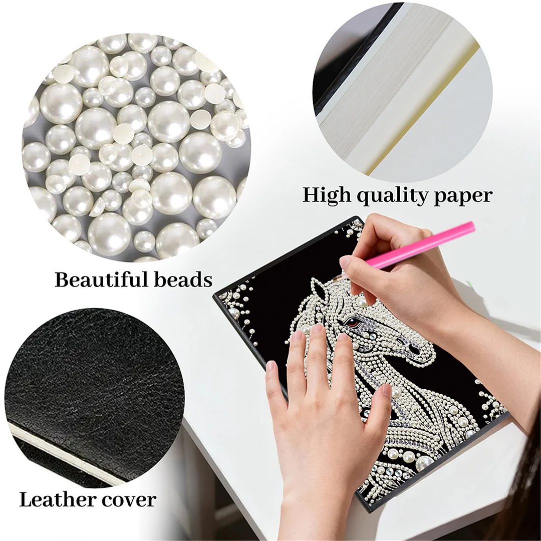 Horses Partial Pearl DIY 50 Pages A5 Diamond Painting Notebook Special Shaped Diamond Art Diary Book Kits Wireless Strip 5D Crystal Art Paintings Sketchbook for Art Drawing
