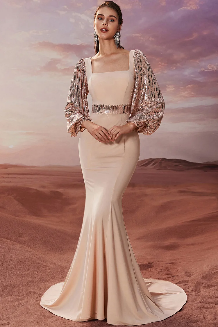 Square Neck Puff Sleeve Sequin Mermaid Maxi Dress-Apricot