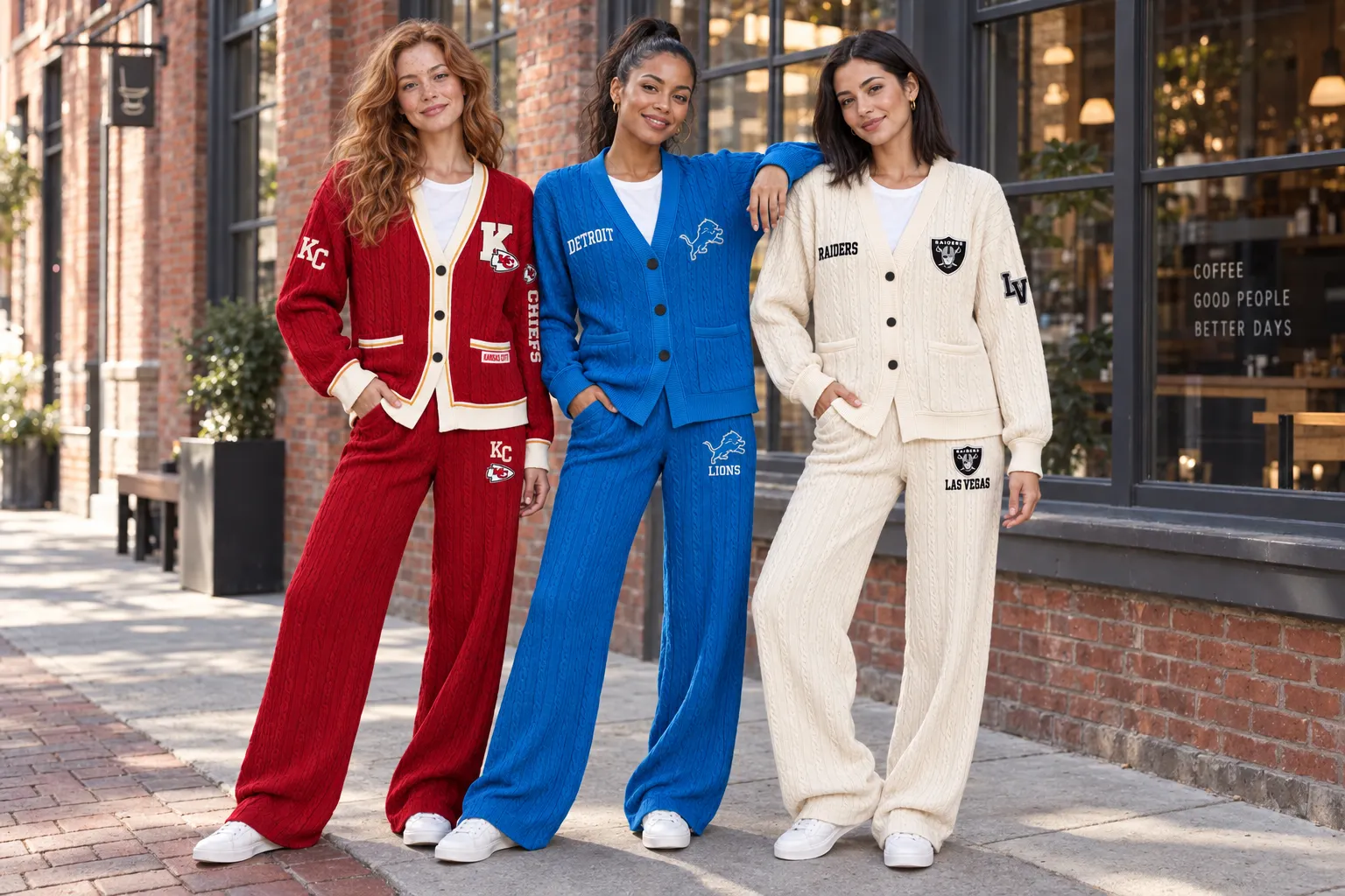 Three women wearing team-inspired cable-knit cardigan and wide-leg pant sets on a city sidewalk.
