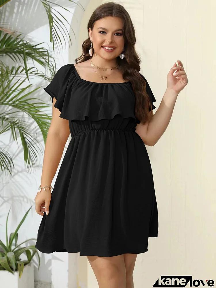 Women Fashion Solid Color Ruffled Short Sleeve Plus Size Dress