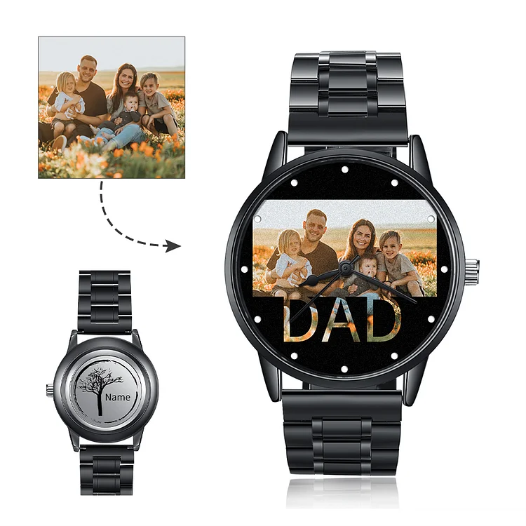 Custom Men Watch with Photo and Name Stainless Steel Strap Gift for Dad