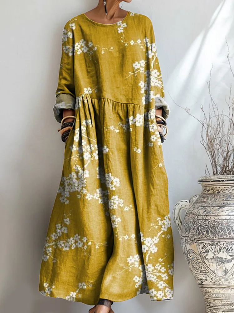 Women's Beautiful Branches And Flowers Painting Art Print Pocket Cotton Dress
