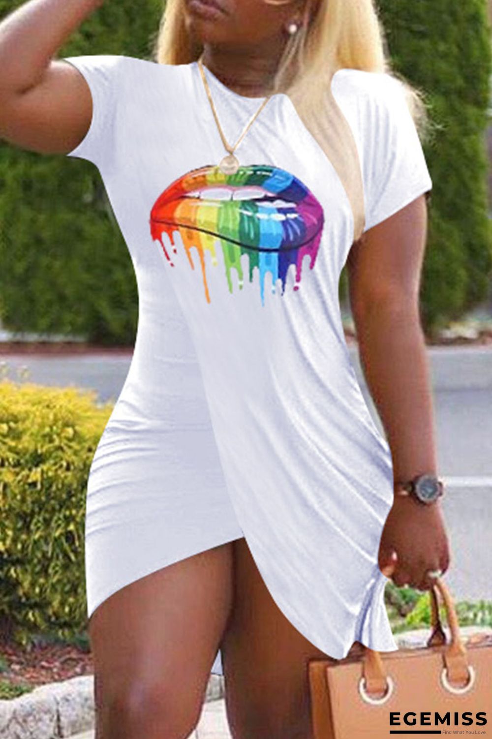 White Fashion Casual Lips Printed Patchwork O Neck Short Sleeve Dress Dresses | EGEMISS