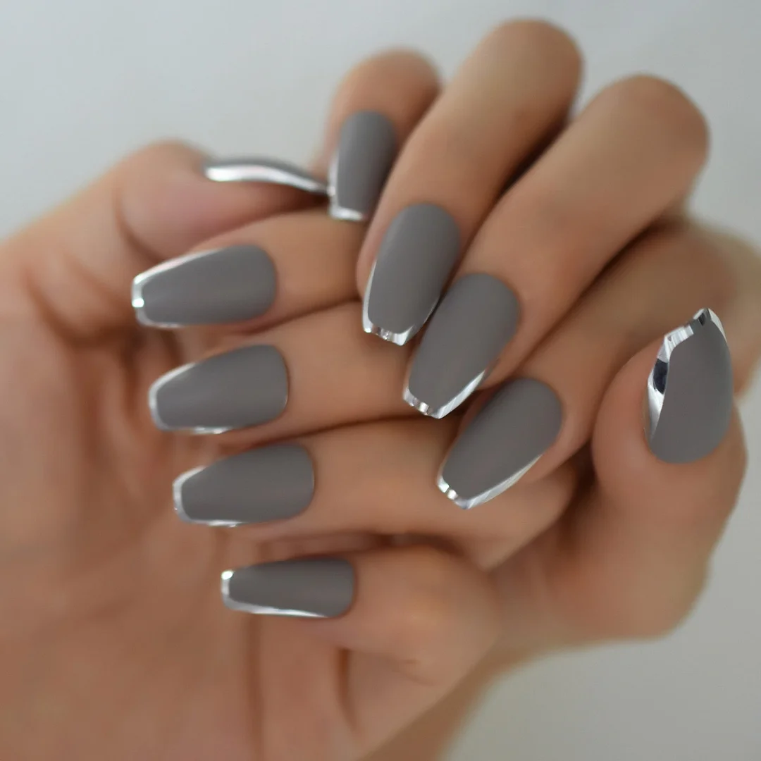 Ballerina Blue Fake Nails Coffin Short Medium Gliter Line Holo False Artificial Nails Press On Glossy Acrylic Nails Tips-Nail Inspo