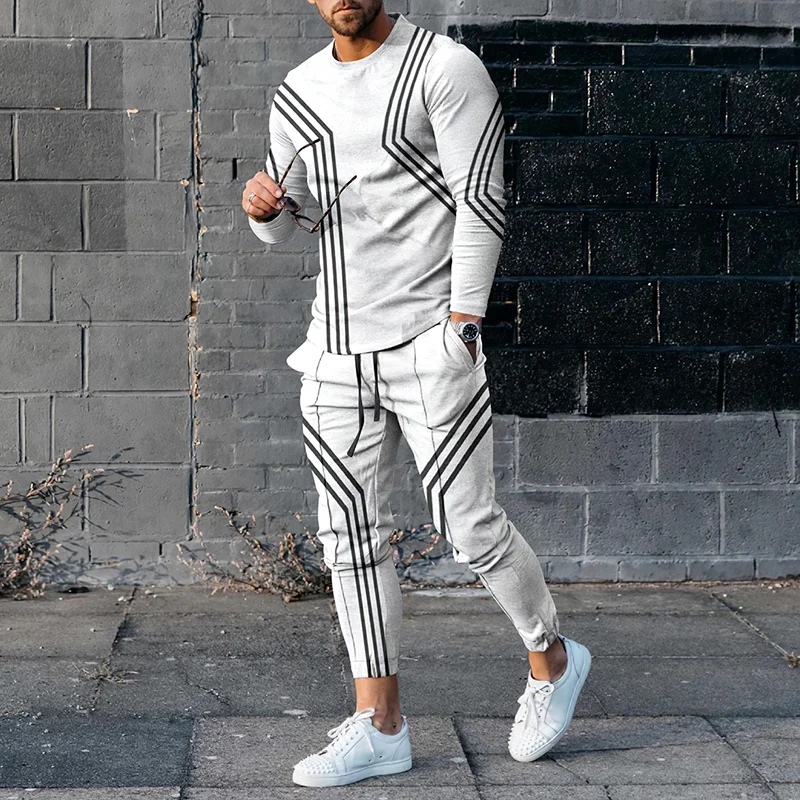 Simple Fashion Line White Print T-Shirt And Pants Co-Ord