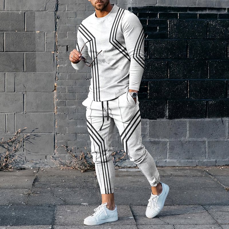 Simple Fashion Line White Print T-Shirt And Pants Co-Ord
