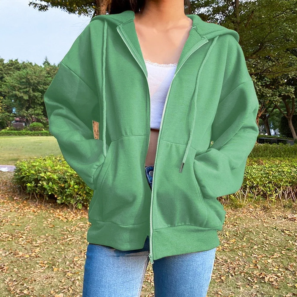 Women's Casual Loose Zip Up Hoodies Solid Color Long Sleeve Hooded Sweatshirts E-Girls Pullover Top Spring Autumn Streetwear