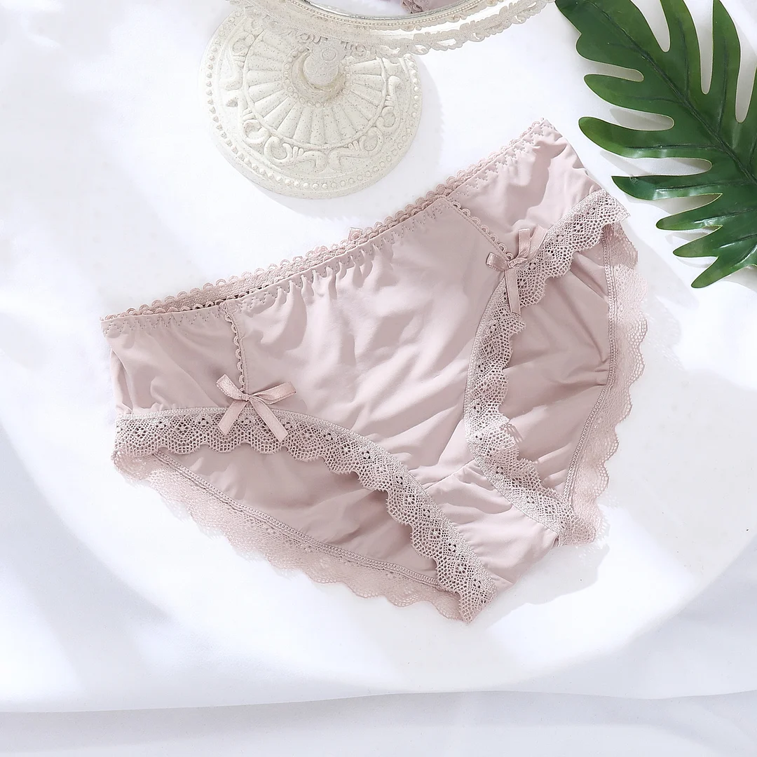 Billionm Girl Glossy Hollow Sexy Ladies Briefs Comfortable Breathable Bow Mid-waist Cotton Bottom Nylon New Lace Edge Lolita