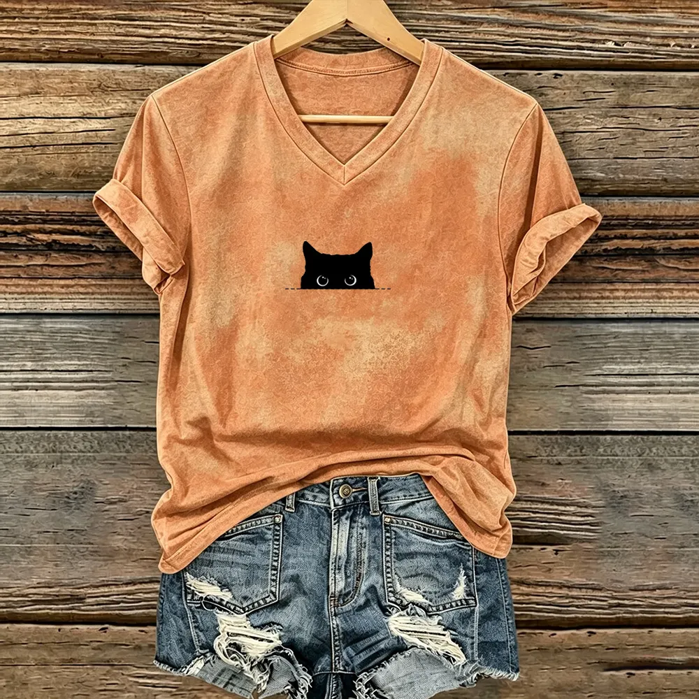 Comstylish Vintage Peeping Black Cat Art Casual V-neck T-shirt