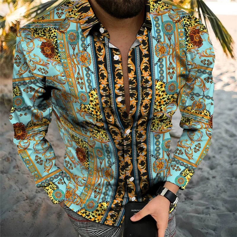 Aonga -  Retro Printing Long Sleeve Men Shirts Spring Autumn Casual Turn-down Collar Button Cardigan Tops Mens Fashion Clothes Streetwear aonga