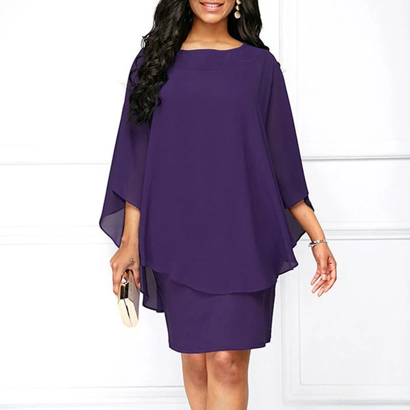 Plus Size Dress Chiffon Lace Solid Color Crewneck Sexy Party Dress