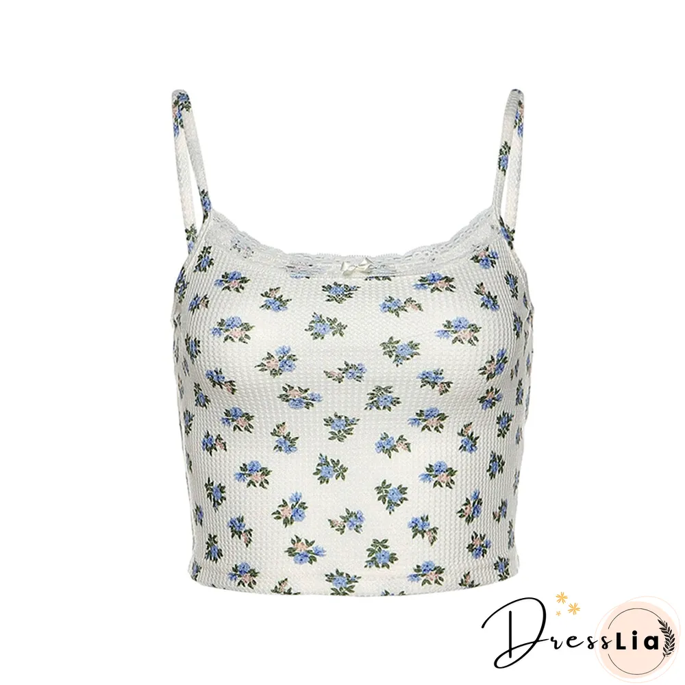 Womens Floral Camisole Y2k Lace Slim Backless Sleeveless Crop tops Kawaii Korean Fashion