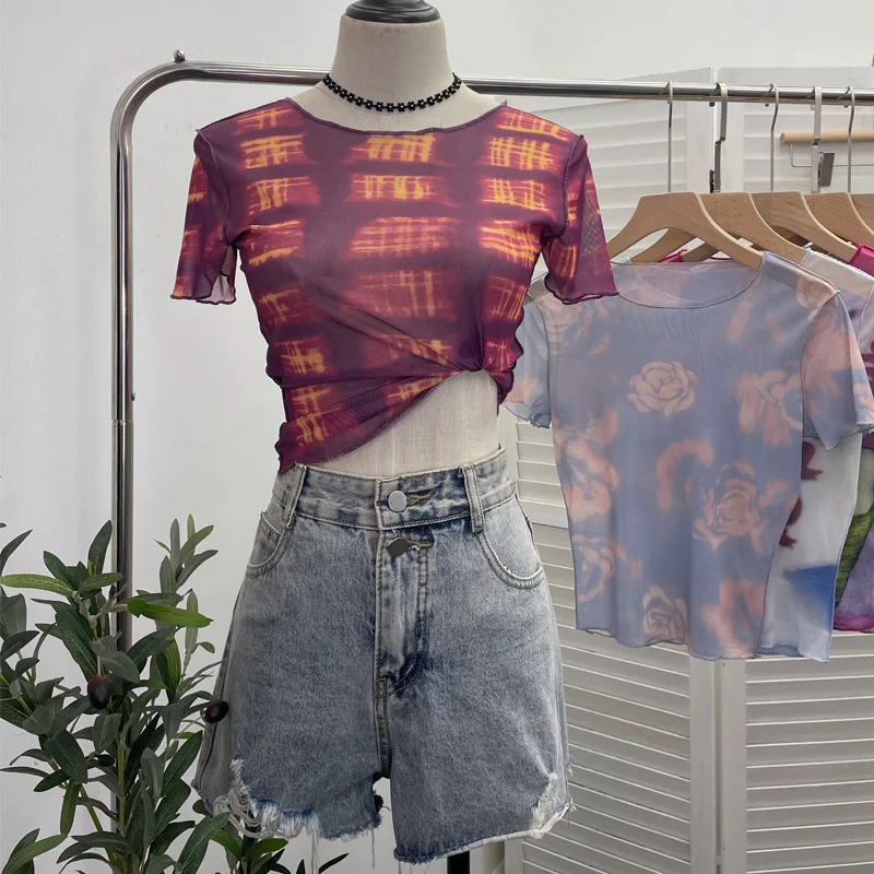 Uveng Single-Layer Thin Mesh Tie-Dye-Repair Short-Sleeved T-Shirt For Girls Summer Short-Sleeved Hottie Top 9917