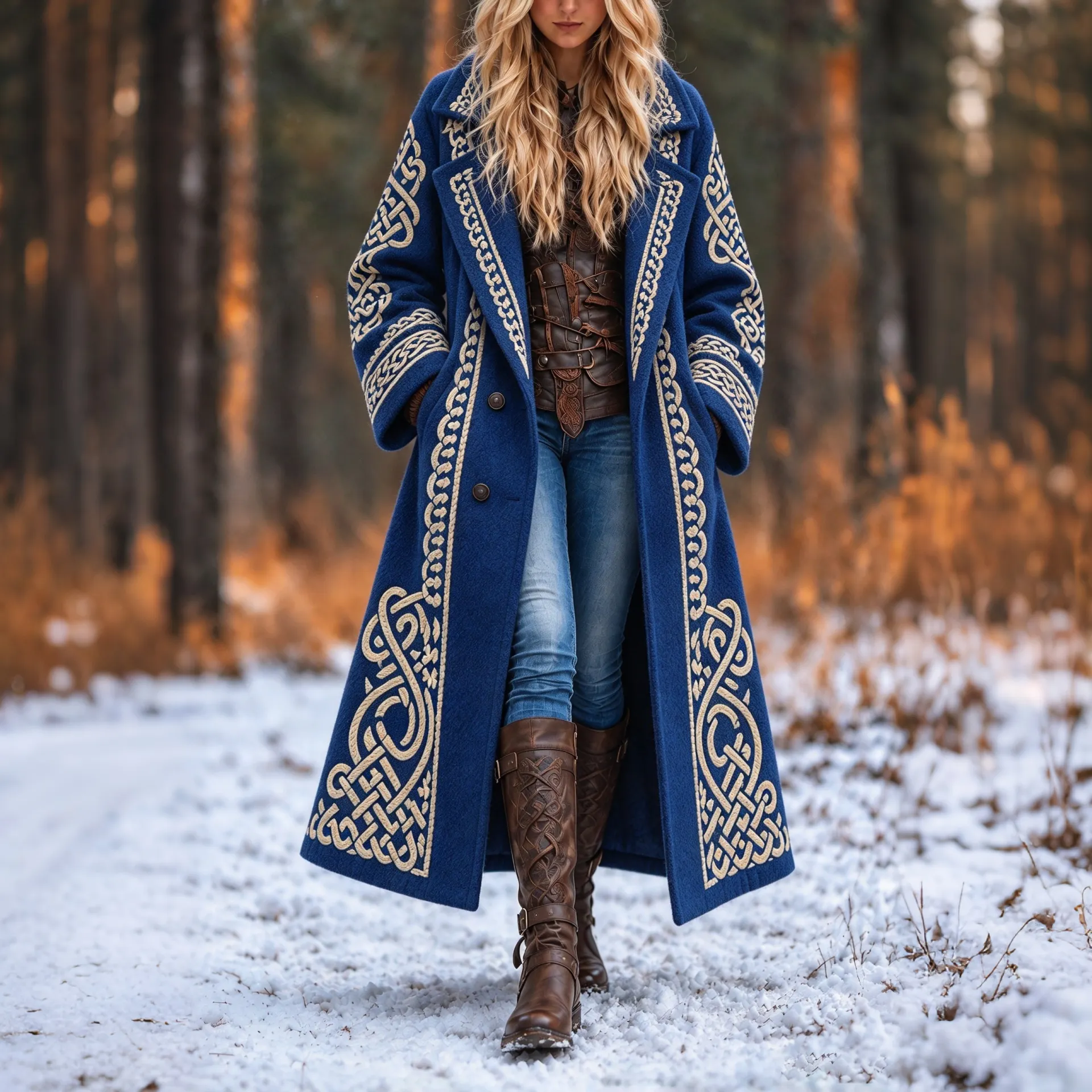 Comstylish Women's Vintage Viking Celtic Knot Art Long Wool Coat